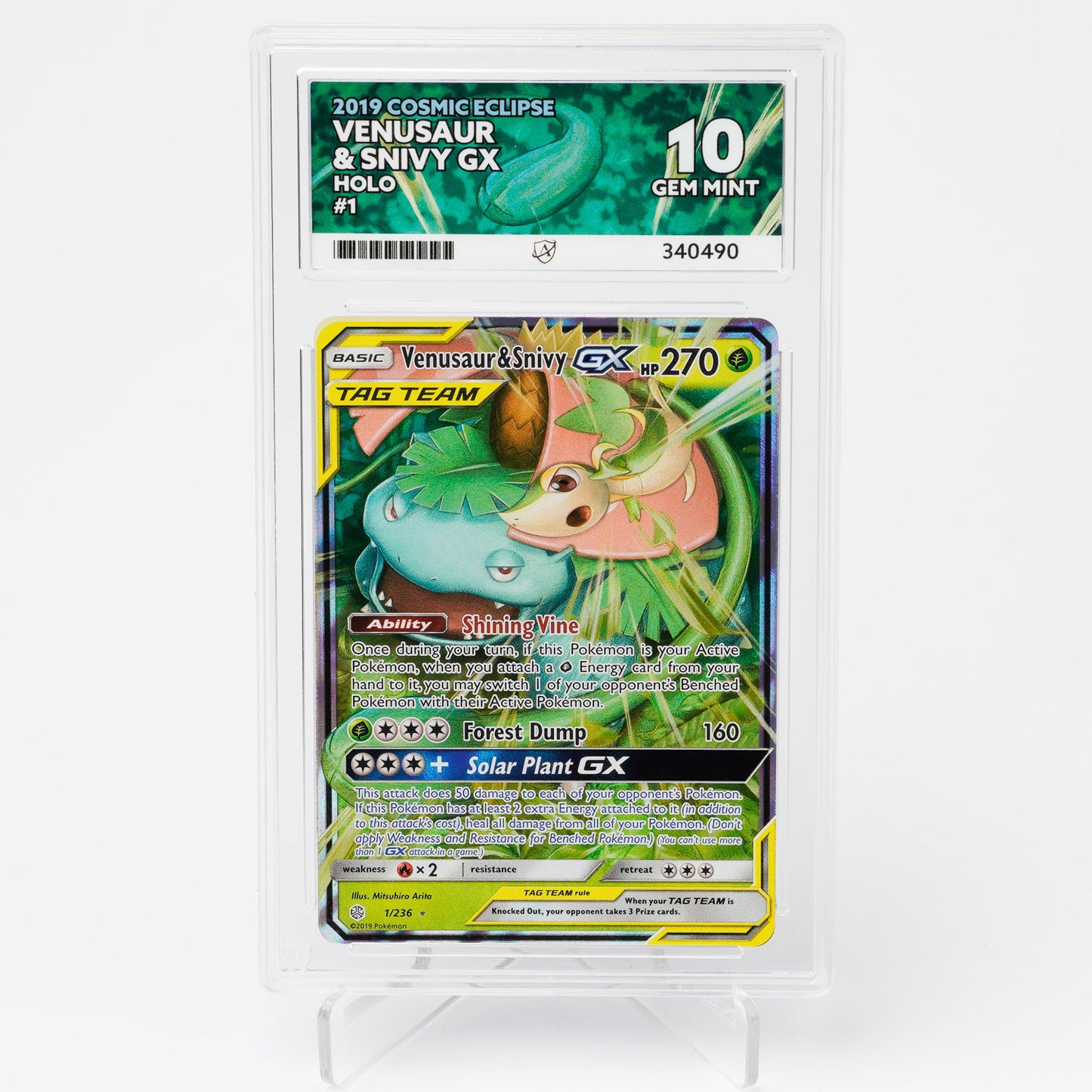 Venusaur & Snivy GX 1/236 Cosmic Eclipse ACE 10 Graded Pokémon Card