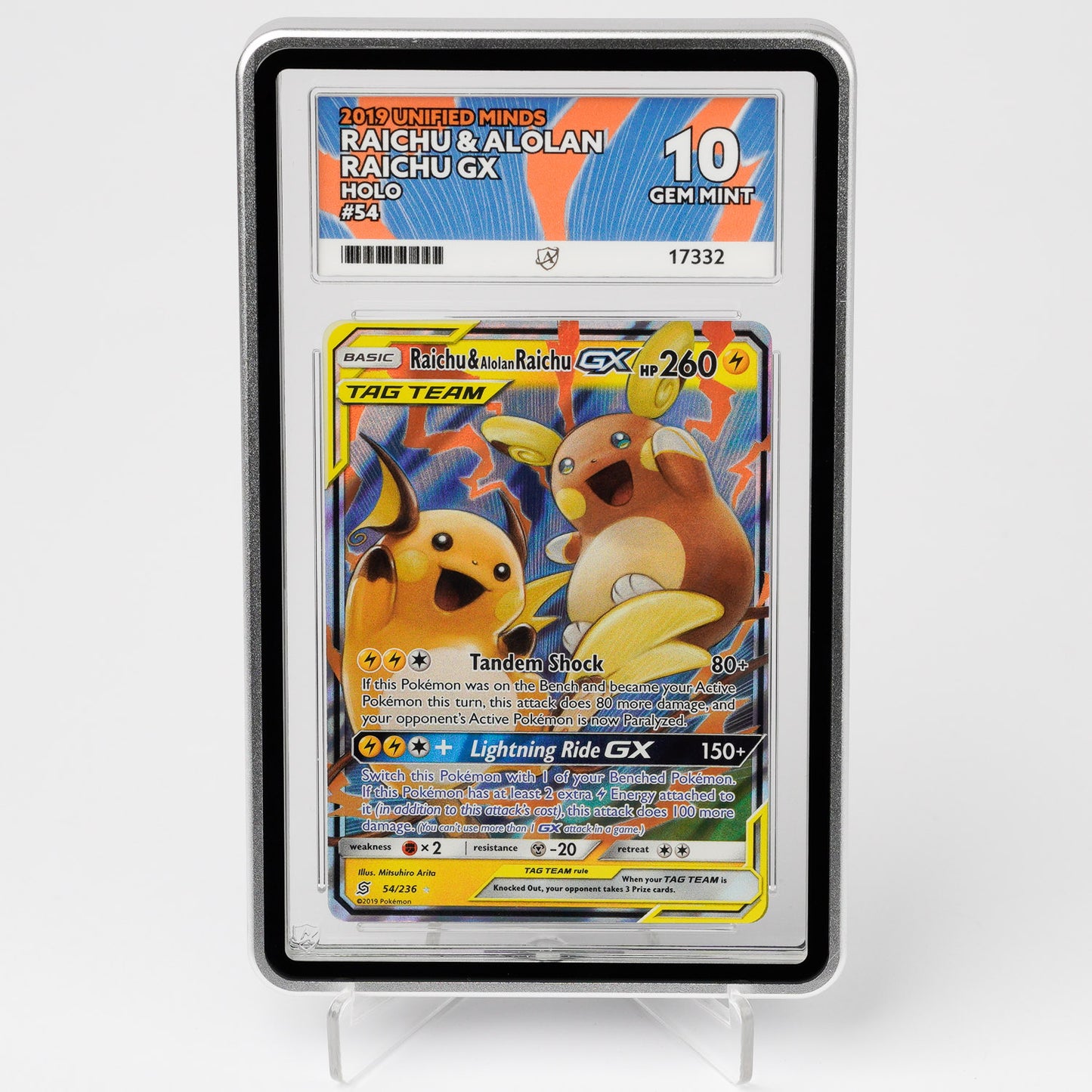 Raichu & Alolan Raichu GX 54/236 Unified Minds ACE 10 Graded Pokémon Card